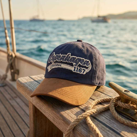Navy baseballcap med broderiet 'Copenhagen ORIGINAL 1167' og en lysebrun ruskindskygge, der ligger på et trædæk på en båd med havudsigt og andre sejlskibe i baggrunden.