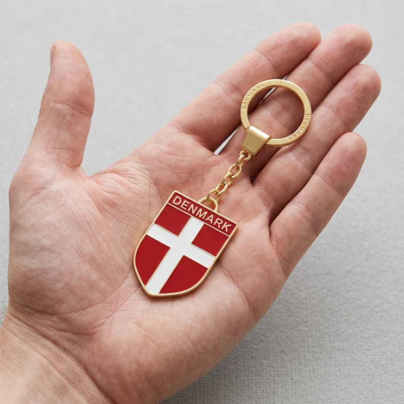 Nøglering Dannebrog i guldfarvet metal holdt i håndfladen